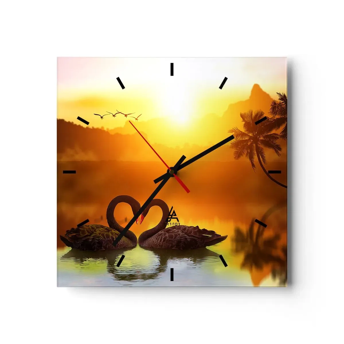 Wanduhr - Glasuhr - Zwei schwarze Schwäne bilden ein Herz vor dem Hintergrund eines Sonnenuntergangs am See - 30x30cm - Alles passt zusammen - Moderne Wanddekoration für Wohnzimmer und Schlafzimmer ARTTOR