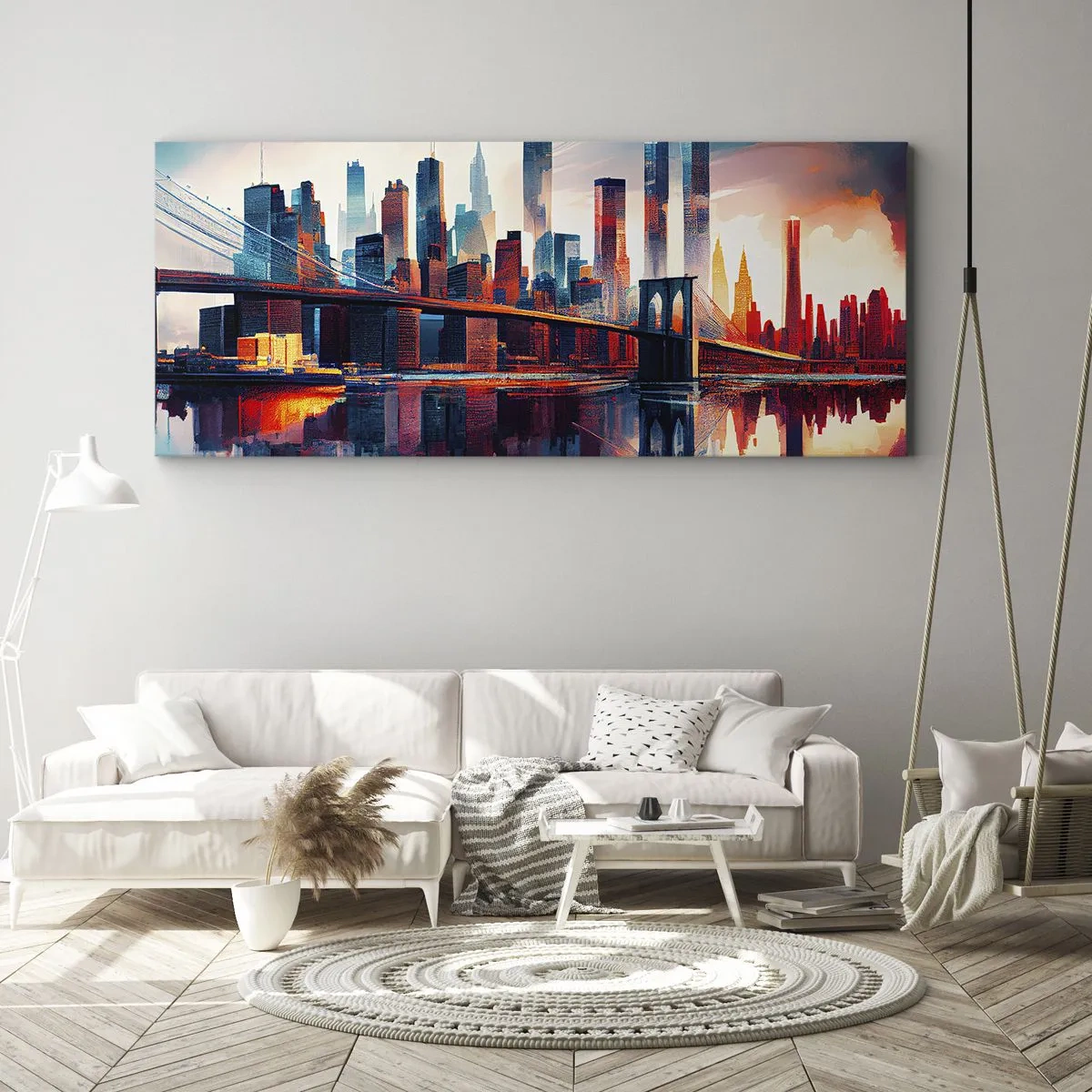 Bild auf Leinwand - Leinwandbild - New York City Panorama mit Brücke und Spiegelung im Wasser - 140x50cm - Traumhaftes New York - Moderne Wanddekoration für Wohnzimmer und Schlafzimmer ARTTOR