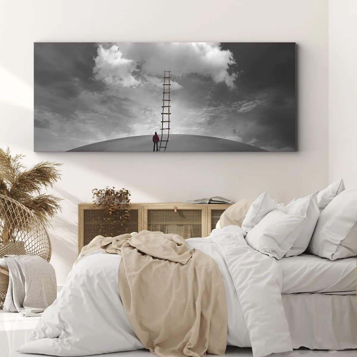 Bild auf Leinwand - Leinwandbild - Eine Person in einem roten Mantel und eine Leiter, die zu einer Wolke führt - 120x50cm - Alles ist möglich - Moderne Wanddekoration für Wohnzimmer und Schlafzimmer ARTTOR