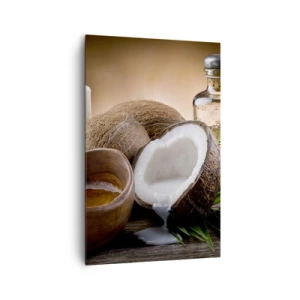 Bild auf Leinwand - Leinwandbild - Kokosnüsse, Kerze und Öl auf einem hölzernen Hintergrund - 80x120cm - Gesundheit von tropischen Inseln - Moderne Wanddekoration für Wohnzimmer und Schlafzimmer ARTTOR