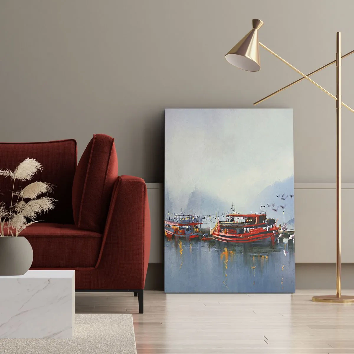 Bild auf Leinwand - Leinwandbild - Ein Hafen mit roten Booten, umgeben von einer nebligen Landschaft - 50x70cm - Am Ende der Welt - Moderne Wanddekoration für Wohnzimmer und Schlafzimmer ARTTOR