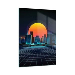 Glasbild - Bild auf glas - Futuristisches Stadtpanorama mit Sonnenuntergang - 50x70cm - Willst du immer noch zu Real gehen? - Moderne Wanddekoration für Wohnzimmer und Schlafzimmer ARTTOR