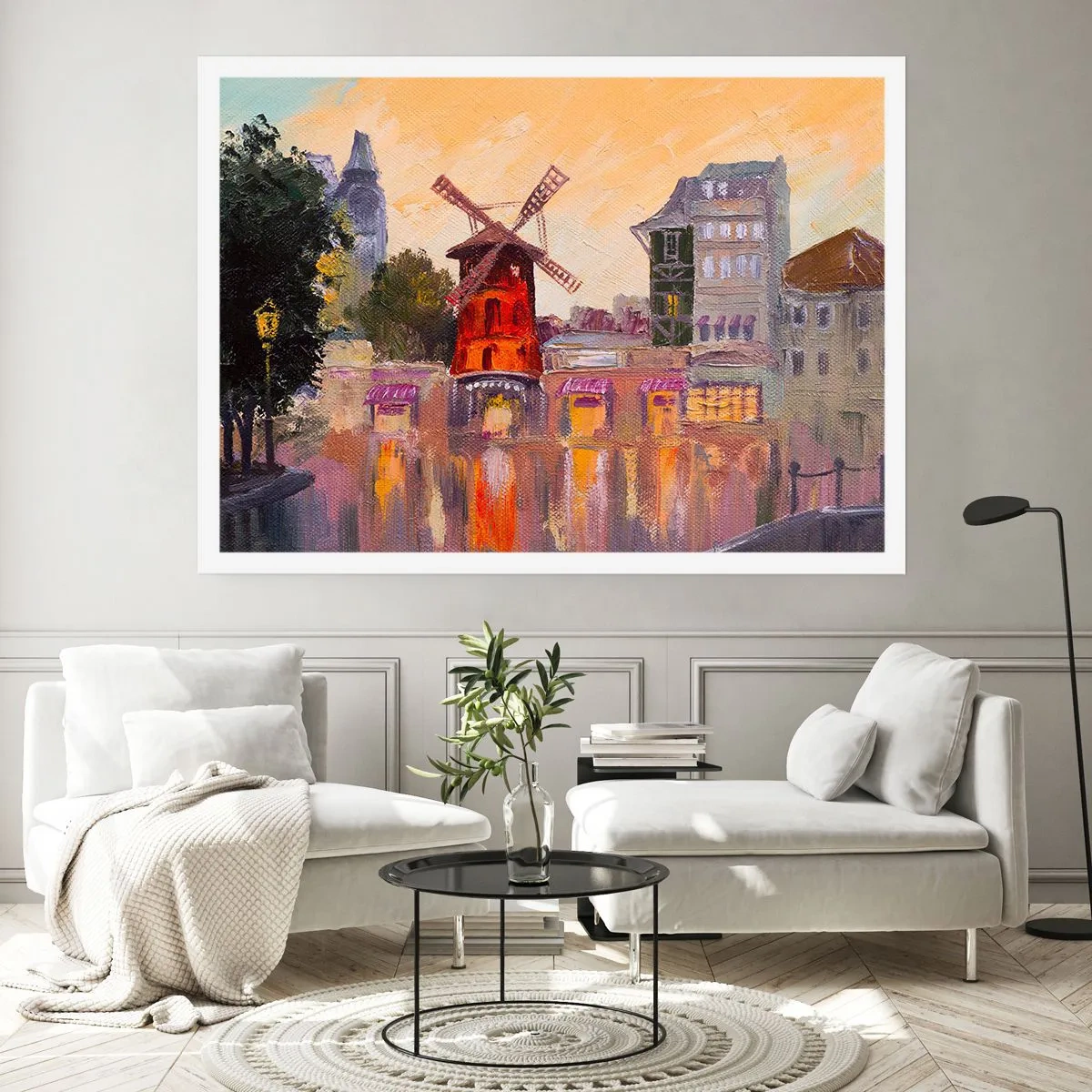 Poster - Die rote Windmühle des Moulin Rouge, umgeben von der Stadtlandschaft - 100x70cm - Pariser Ikonen – Moulin Rouge - Moderne Wanddekoration für Wohnzimmer und Schlafzimmer ARTTOR