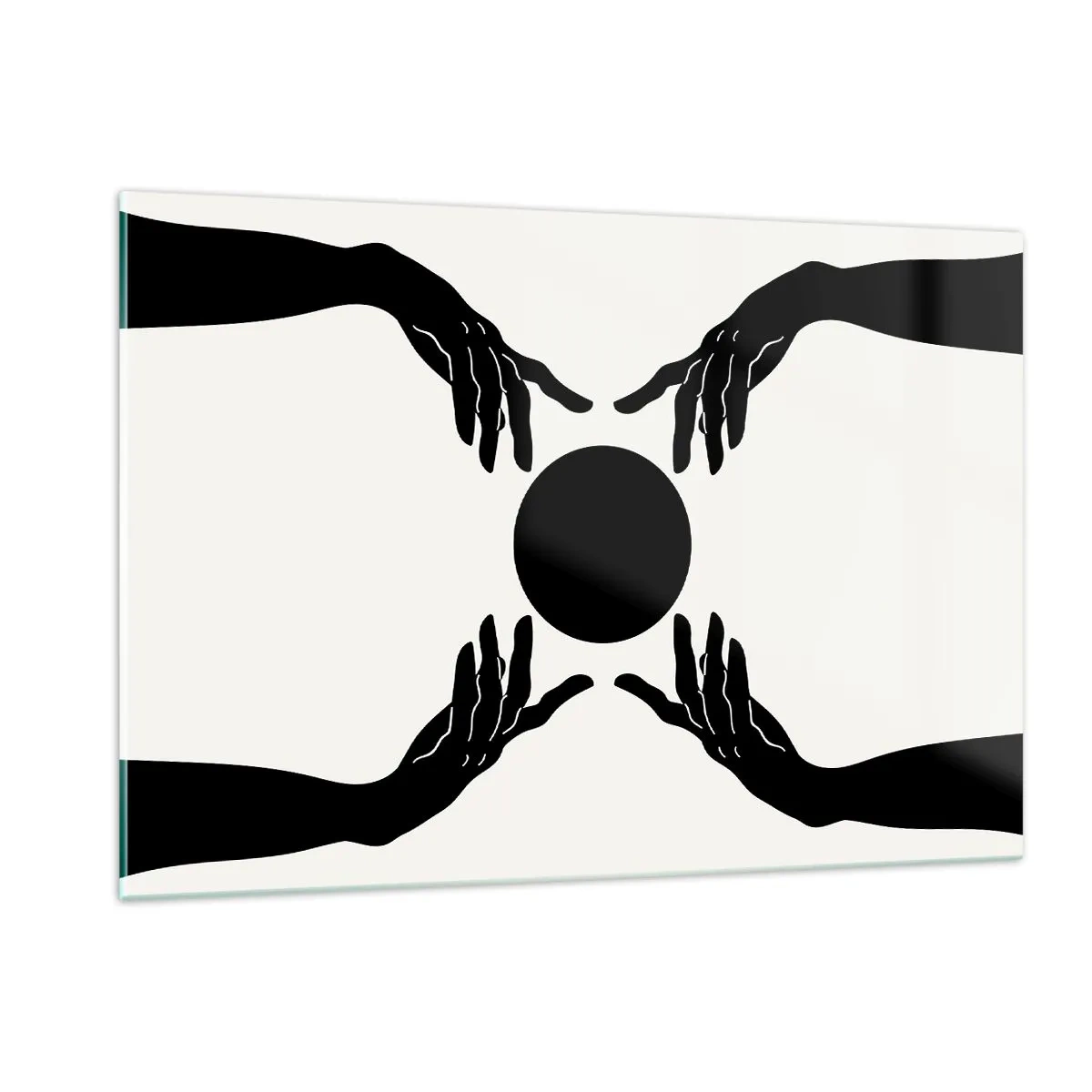 Glasbild - Bild auf glas - Schwarze Hände um einen schwarzen Kreis auf hellem Hintergrund - 120x80cm - Geheimes Zeichen - Moderne Wanddekoration für Wohnzimmer und Schlafzimmer ARTTOR