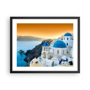 Poster in einem schwarzem Rahmen - Santorini - an die Felsen gekuschelt - 50x40 cm
