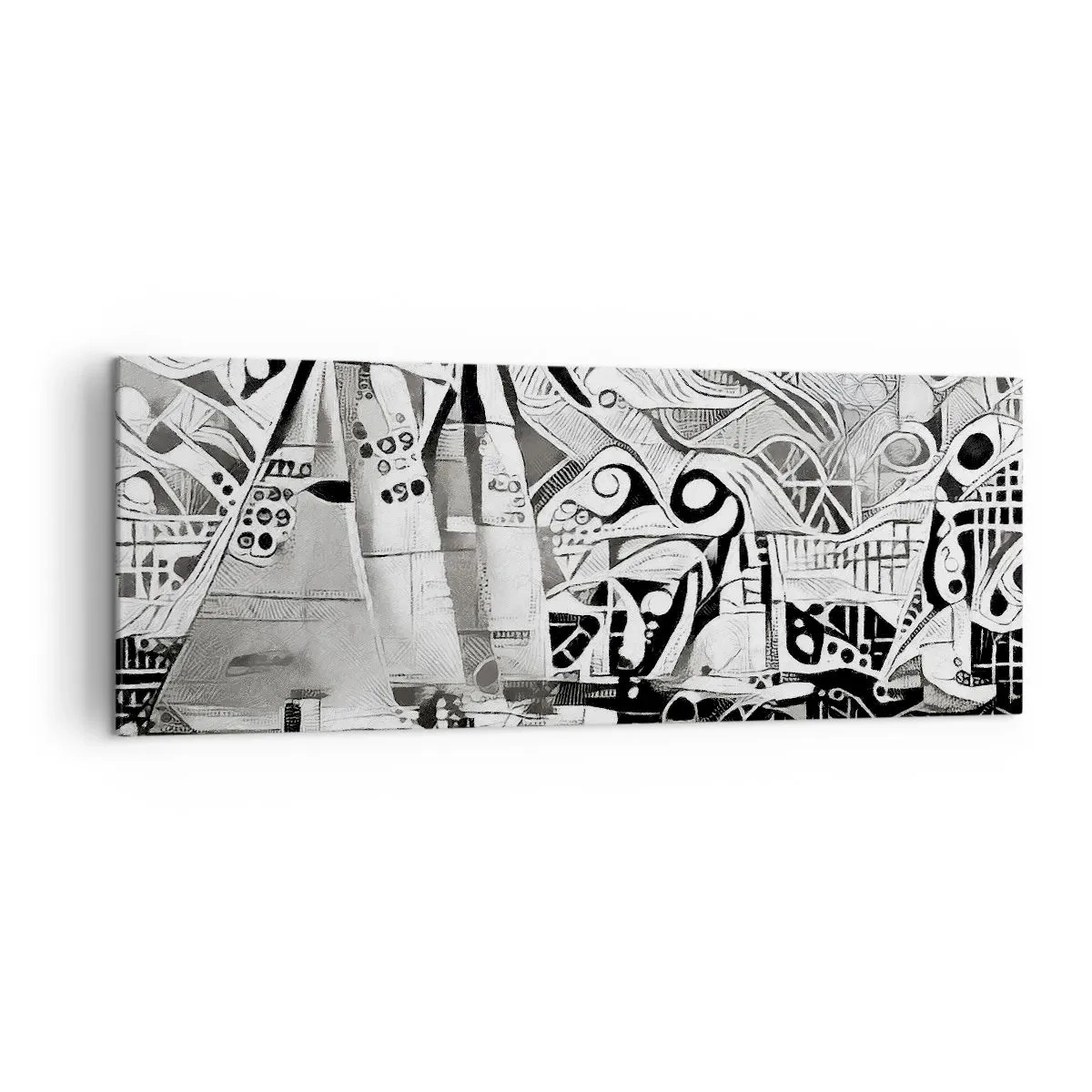 Bild auf Leinwand - Leinwandbild - Abstrakte Segelboote in einer monochromen Komposition - 140x50cm - Zwischen den Wellen - Moderne Wanddekoration für Wohnzimmer und Schlafzimmer ARTTOR