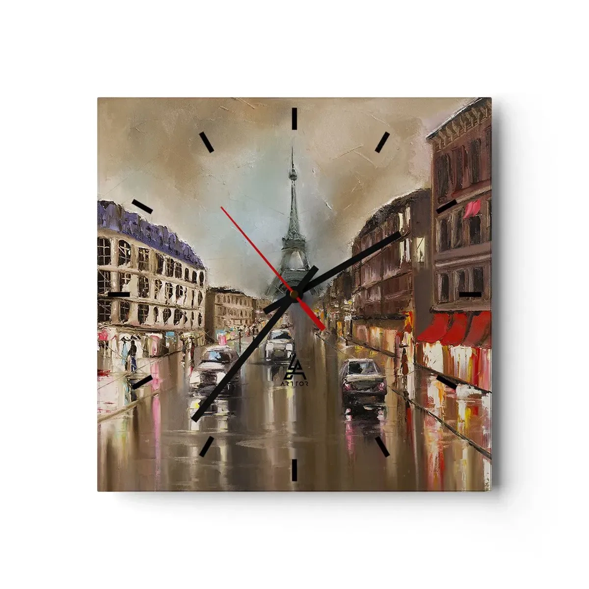 Wanduhr - Glasuhr - Abendliches Straßenbild von Paris mit Blick auf den Eiffelturm - 30x30cm - Nur sie zählt - Moderne Wanddekoration für Wohnzimmer und Schlafzimmer ARTTOR