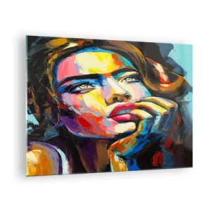 Glasbild - Bild auf glas - Porträt einer Frau in intensiven abstrakten Farben - 70x50cm - Träume fliegen am Himmel wie Vögel - Moderne Wanddekoration für Wohnzimmer und Schlafzimmer ARTTOR