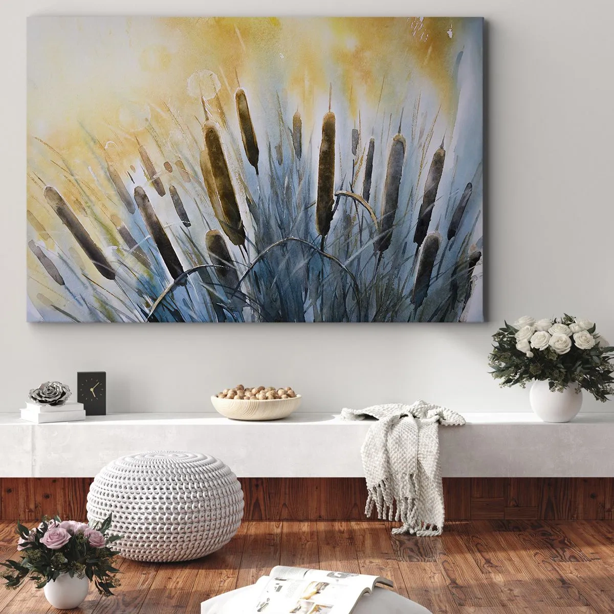 Bild auf Leinwand - Leinwandbild - Malerisches Schilf in den Sonnenstrahlen - 120x80cm - Die Kälte des Wassers, die Hitze der Sonne - Moderne Wanddekoration für Wohnzimmer und Schlafzimmer ARTTOR