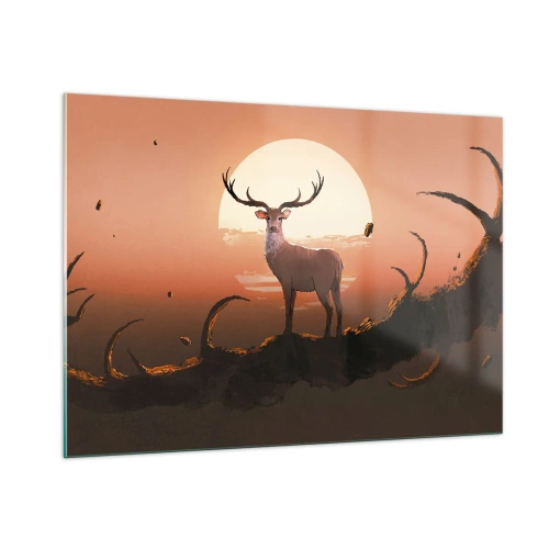 Glasbild - Bild auf glas - Silhouette eines Hirsches vor dem Hintergrund eines großen Mondes, umgeben von Zweigen - 100x70cm - Diese Nacht ist anders als jede andere - Moderne Wanddekoration für Wohnzimmer und Schlafzimmer ARTTOR