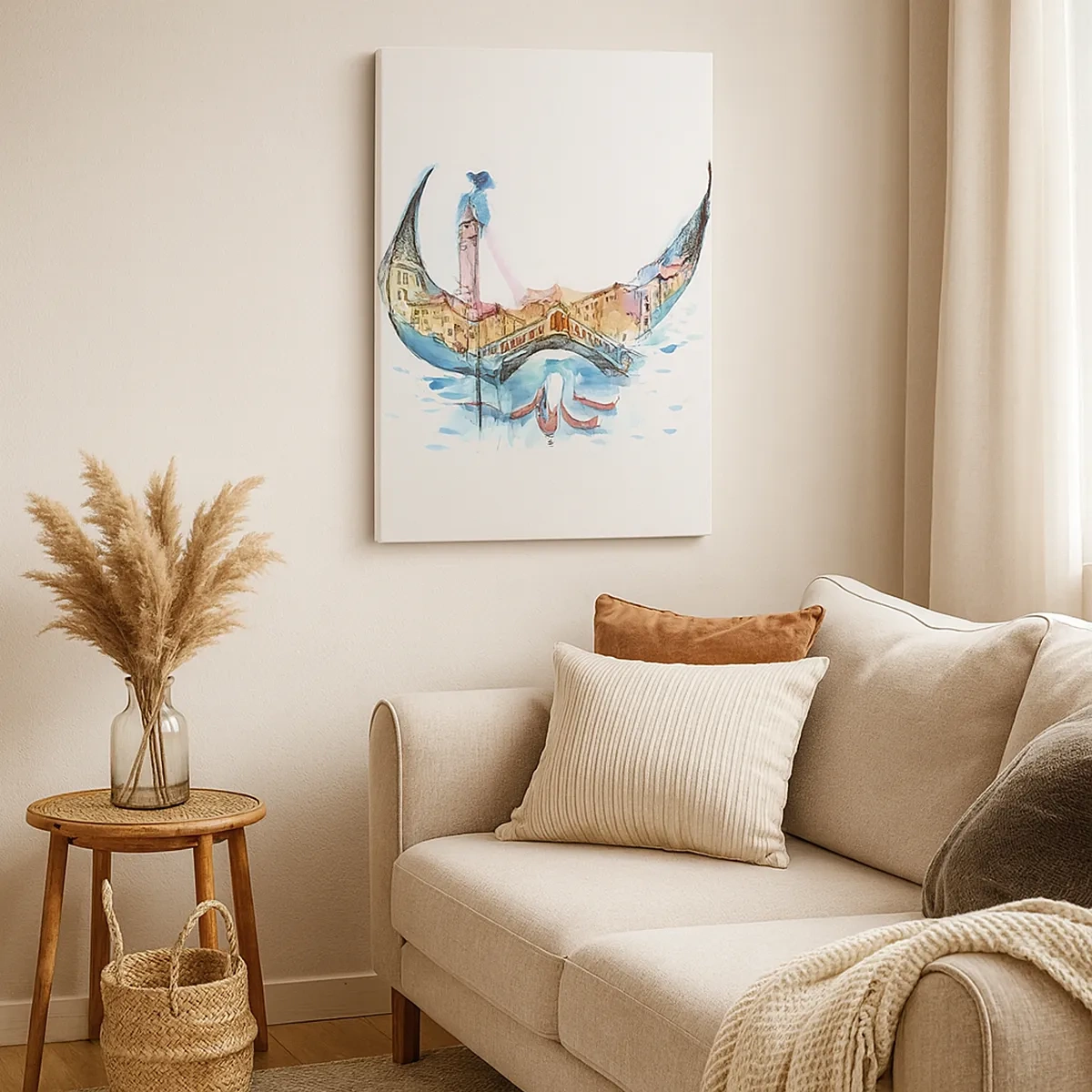 Bild auf Leinwand - Leinwandbild - Eine Aquarellkomposition von Venedig in Form einer Gondel - 50x70cm - Wir segeln durch die Stadt - Moderne Wanddekoration für Wohnzimmer und Schlafzimmer ARTTOR