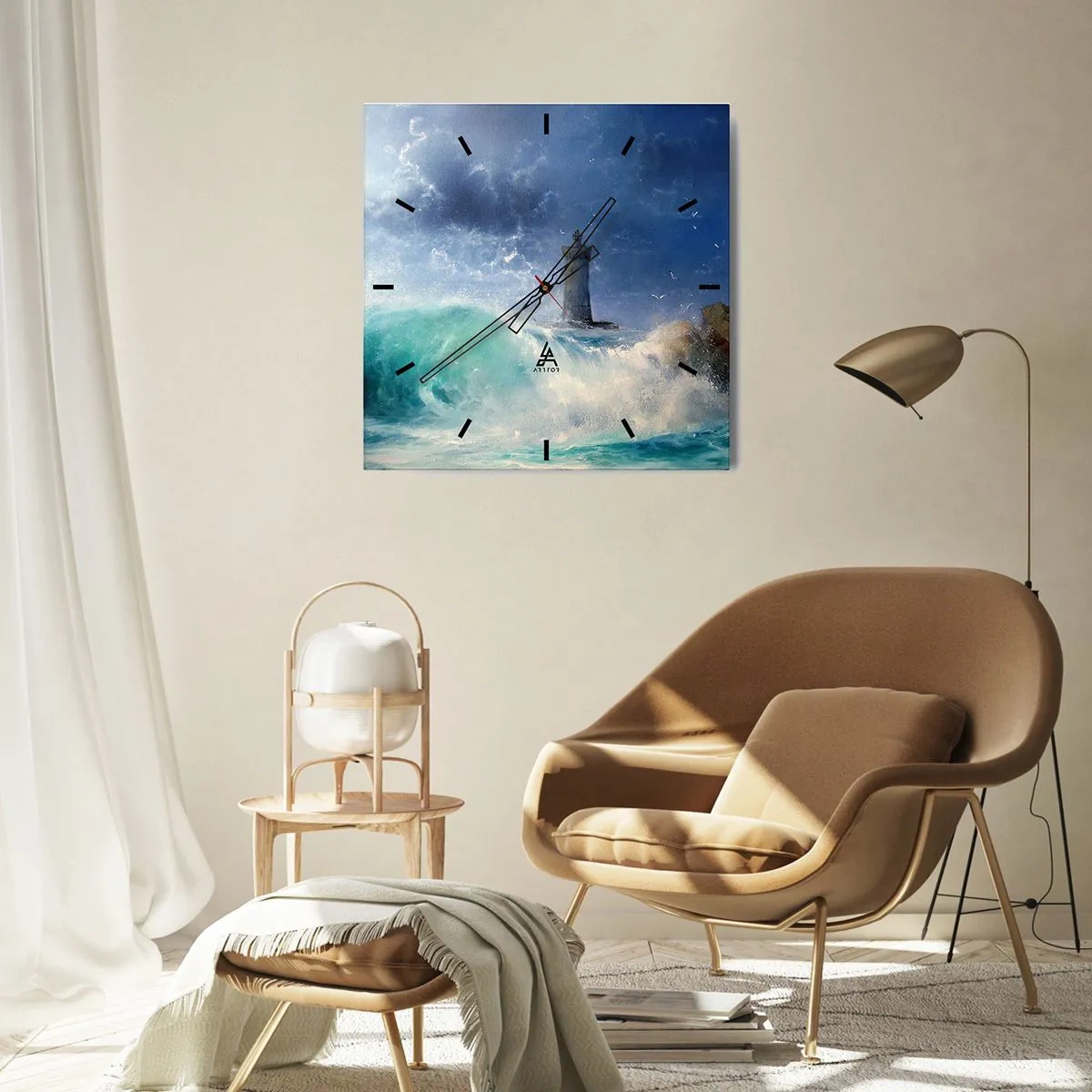 Wanduhr - Glasuhr - Ein Leuchtturm, umgeben von rauen Wellen und Wolken - 30x30cm - Auf der Hut vor den Elementen - Moderne Wanddekoration für Wohnzimmer und Schlafzimmer ARTTOR