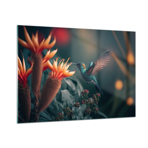 Glasbild - Bild auf glas - Ein Kolibri schwebt über exotischen Blumen zwischen den Blättern. - 100x70cm - Wirklich buntes Leben - Moderne Wanddekoration für Wohnzimmer und Schlafzimmer ARTTOR