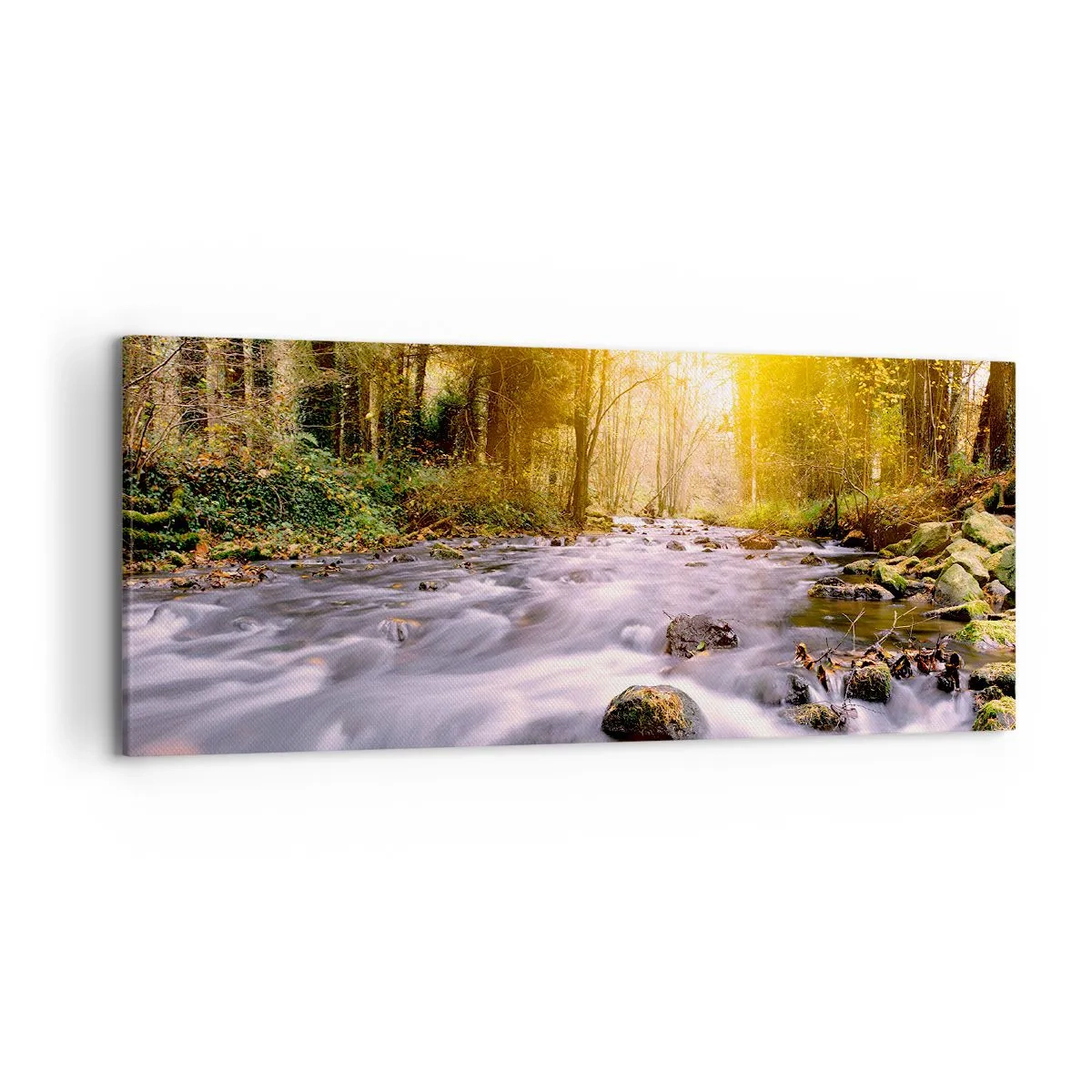 Bild auf Leinwand - Leinwandbild - Ein Waldbach, beleuchtet von den Sonnenstrahlen - 120x50cm - Malachit im Silber- und Goldrahmen - Moderne Wanddekoration für Wohnzimmer und Schlafzimmer ARTTOR