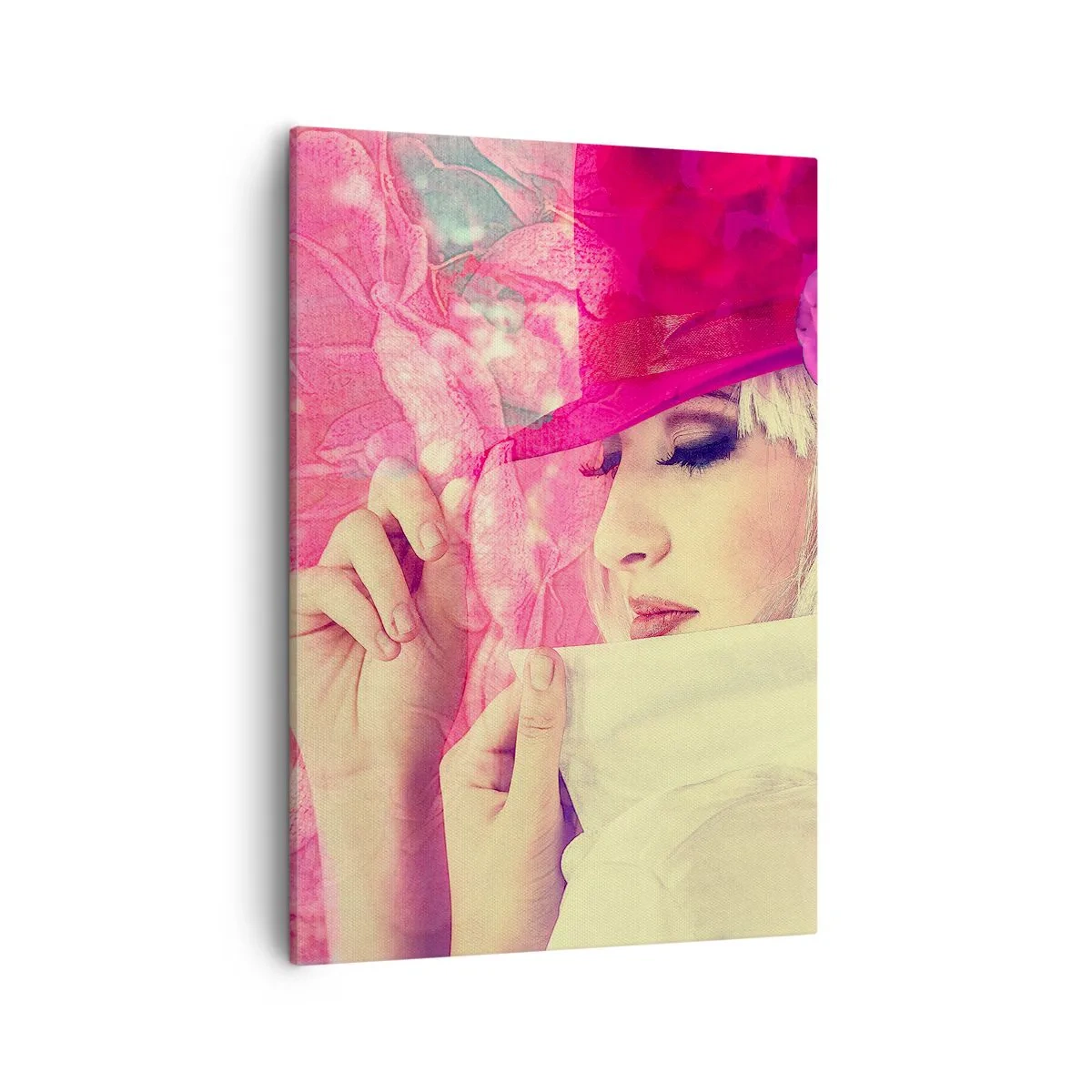 Bild auf Leinwand - Leinwandbild - Stilvolle Frau mit rosa Hut und Blume - 50x70cm - Retro-Porträt in einem rosa Nebel - Moderne Wanddekoration für Wohnzimmer und Schlafzimmer ARTTOR