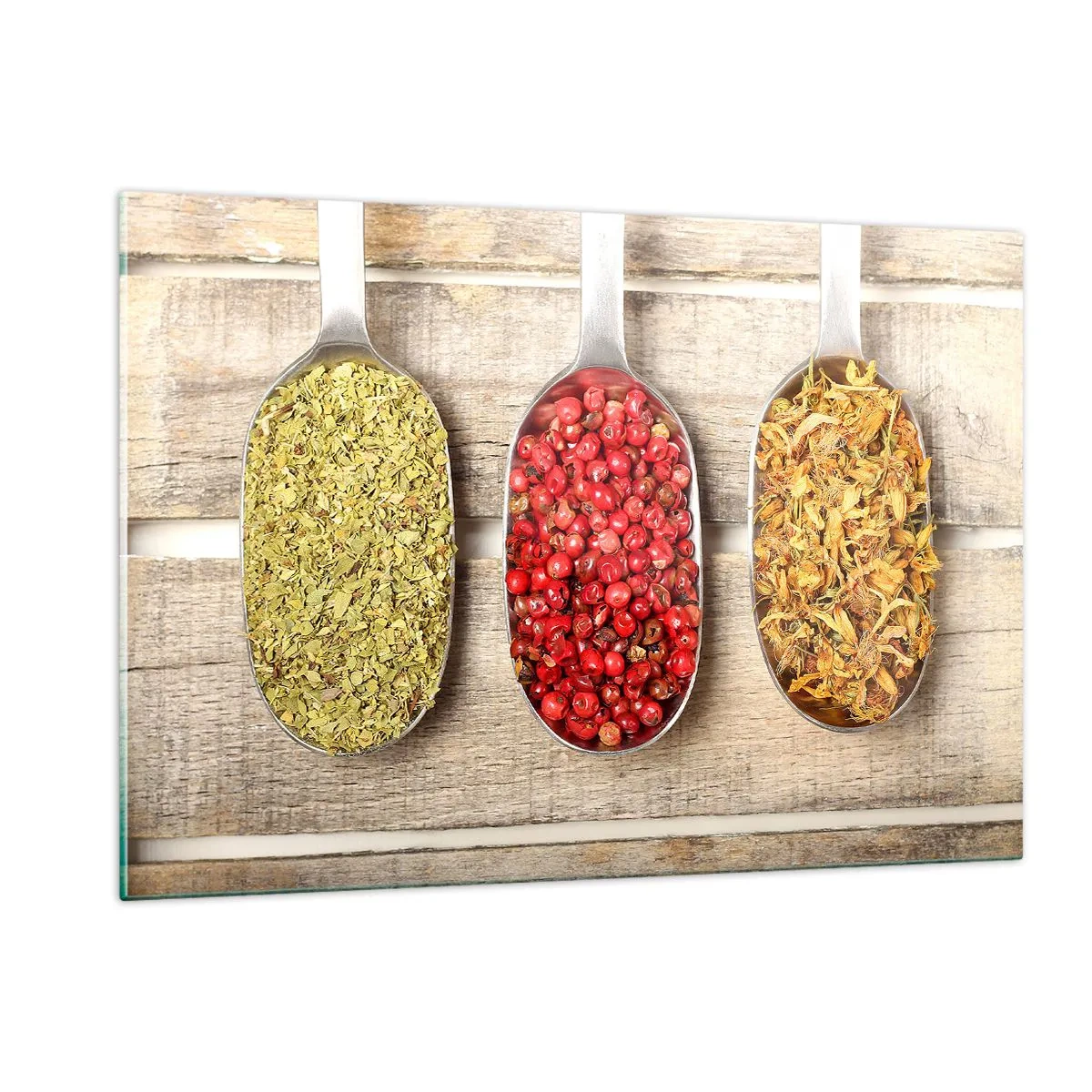 Glasbild - Bild auf glas - Drei Löffel mit Gewürzen auf rustikalem Holzhintergrund - 120x80cm - Küchenzauber - Moderne Wanddekoration für Wohnzimmer und Schlafzimmer ARTTOR