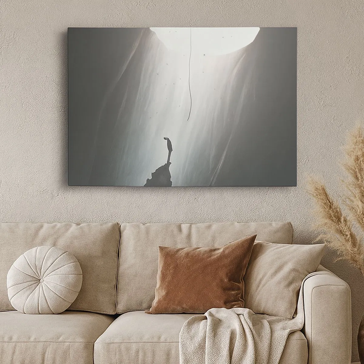 Bild auf Leinwand - Leinwandbild - Silhouette eines Mannes auf dem Boden einer Höhle mit Blick auf das Licht - 70x50cm - Es gibt immer einen Ausweg - Moderne Wanddekoration für Wohnzimmer und Schlafzimmer ARTTOR