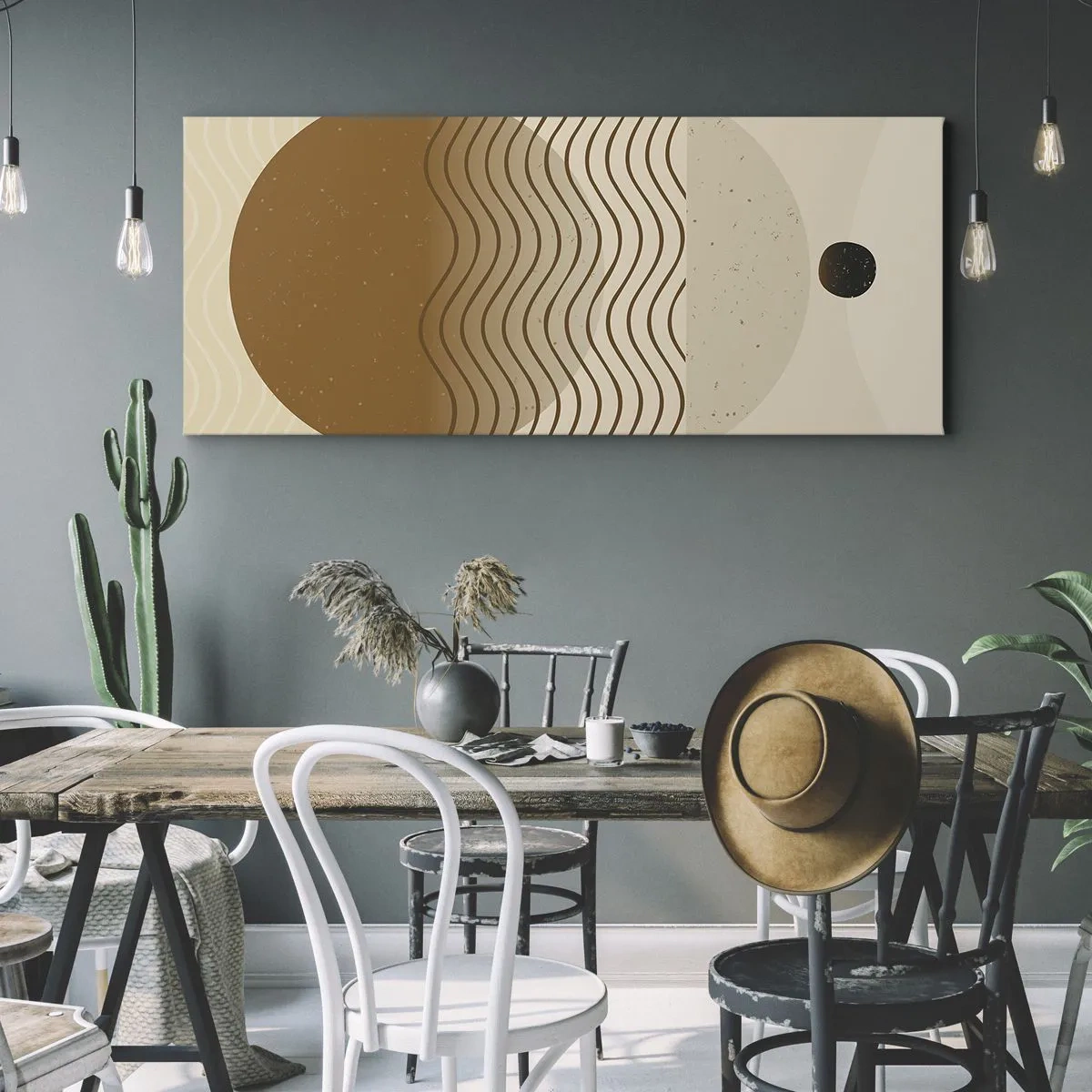 Bild auf Leinwand - Leinwandbild - Geometrische Abstraktion mit Kreisen und Wellenlinien in warmen Farben. - 140x50cm - Zur Entstehung geometrischer Figuren - Moderne Wanddekoration für Wohnzimmer und Schlafzimmer ARTTOR