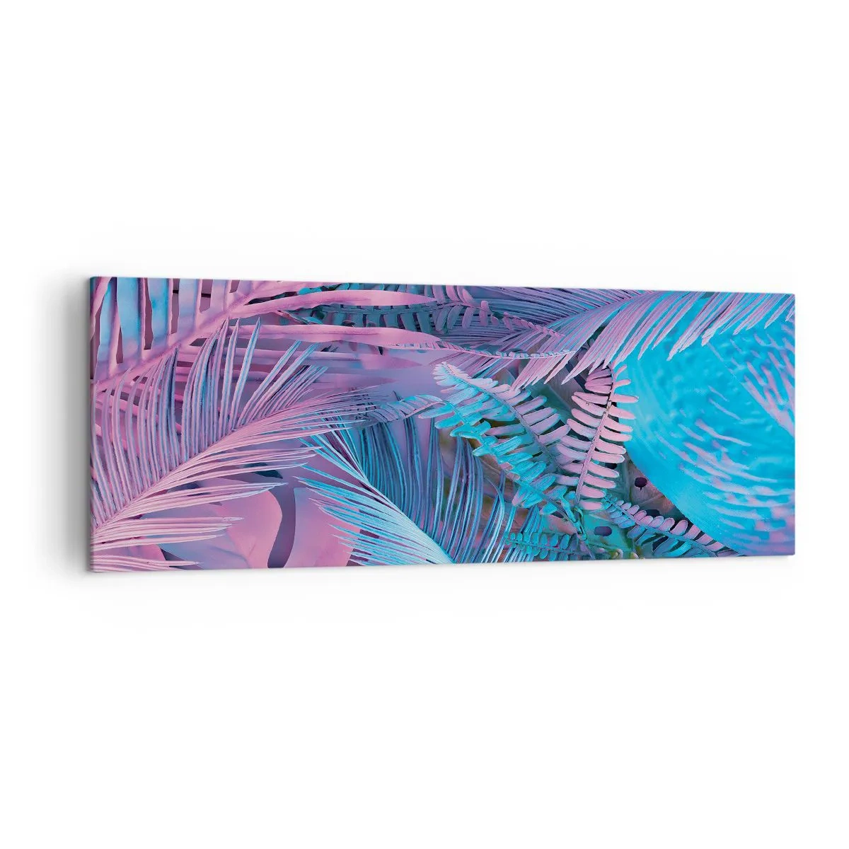 Bild auf Leinwand - Leinwandbild - Tropische Blätter in Rosa- und Blautönen - 140x50cm - Tropen in Rosa und Blau - Moderne Wanddekoration für Wohnzimmer und Schlafzimmer ARTTOR