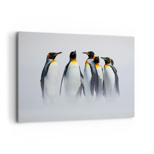 Bild auf Leinwand - Leinwandbild - Eine Gruppe Kaiserpinguine im Winternebel - 120x80cm - Treffen in Abendkleidern - Moderne Wanddekoration für Wohnzimmer und Schlafzimmer ARTTOR