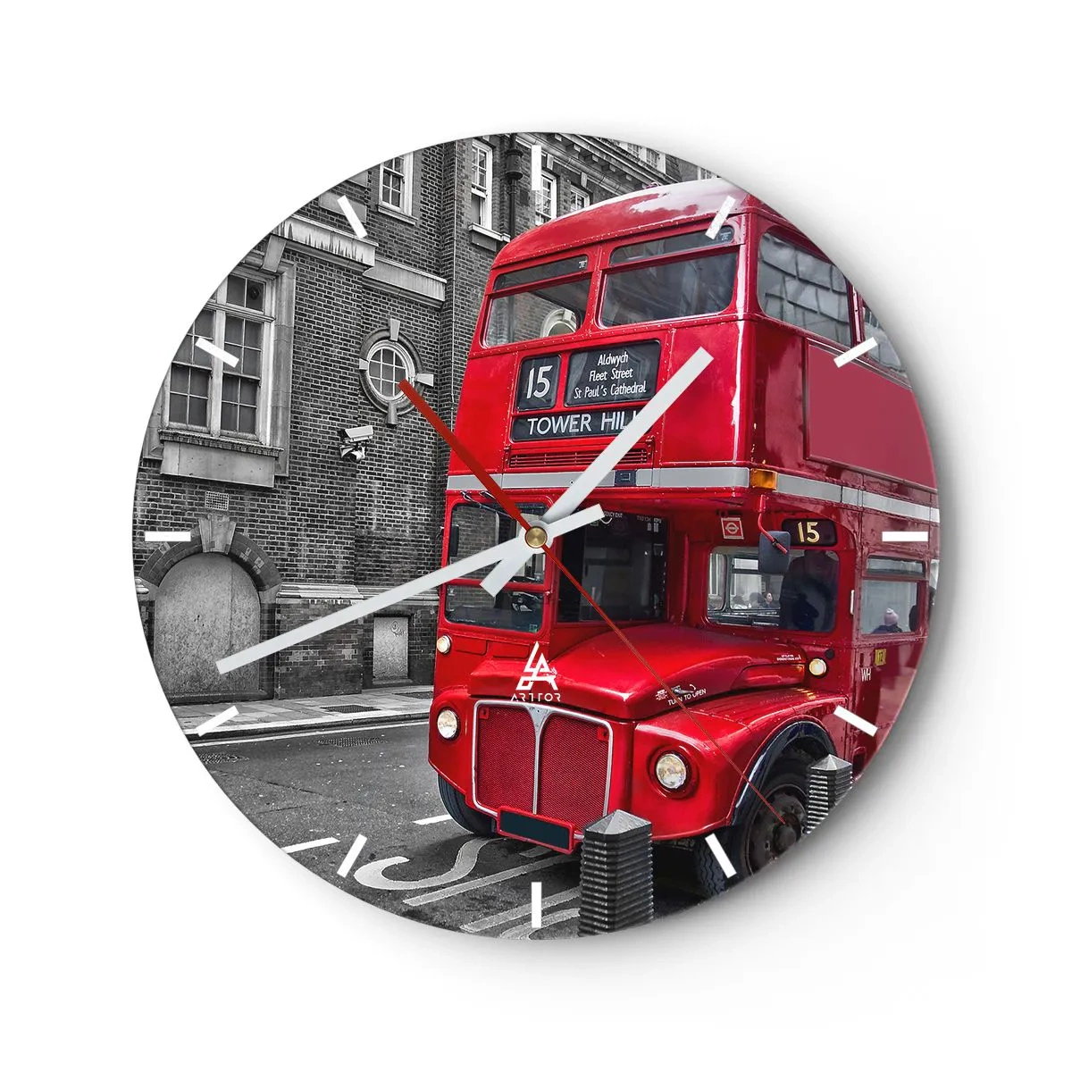 Wanduhr - Glasuhr - Ein roter Londoner Bus vor der Kulisse historischer Gebäude - 30x30cm - Immer gleich - Moderne Wanddekoration für Wohnzimmer, Küche und Schlafzimmer ARTTOR