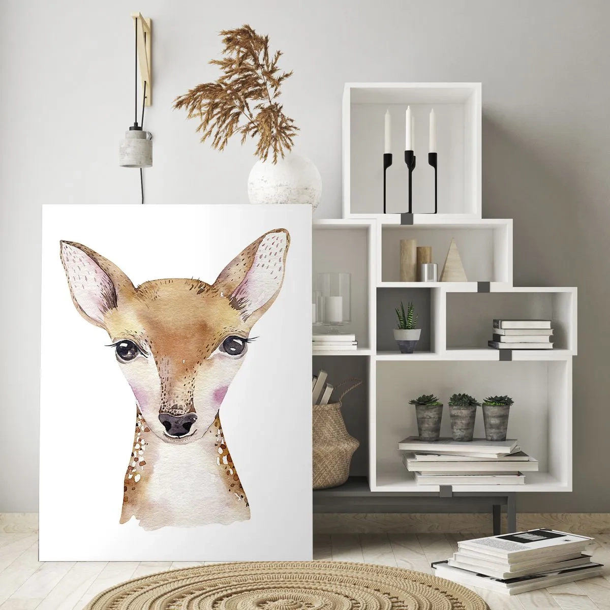 Glasbild - Bild auf glas - Aquarellporträt eines jungen Rehs auf weißem Hintergrund - 70x100cm - Die Natur der Unschuld - Moderne Wanddekoration für Wohnzimmer und Schlafzimmer ARTTOR