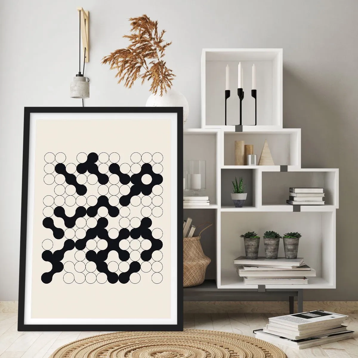 Poster in einem schwarzem Rahmen - Geometrische Komposition aus schwarzen und weißen Kreisen - 50x70cm - Chinesisches Spiel – Variation - Moderne Wanddekoration für Wohnzimmer und Schlafzimmer ARTTOR
