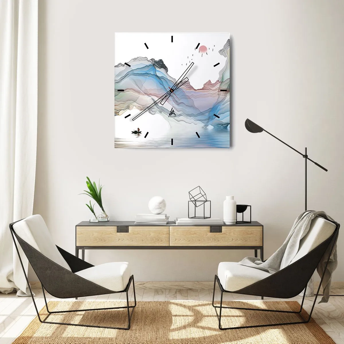 Wanduhr - Glasuhr - Eine subtile Landschaft mit Bergen, Wasser und einem Boot - 30x30cm - Zu den Kristallbergen - Moderne Wanddekoration für Wohnzimmer und Schlafzimmer ARTTOR