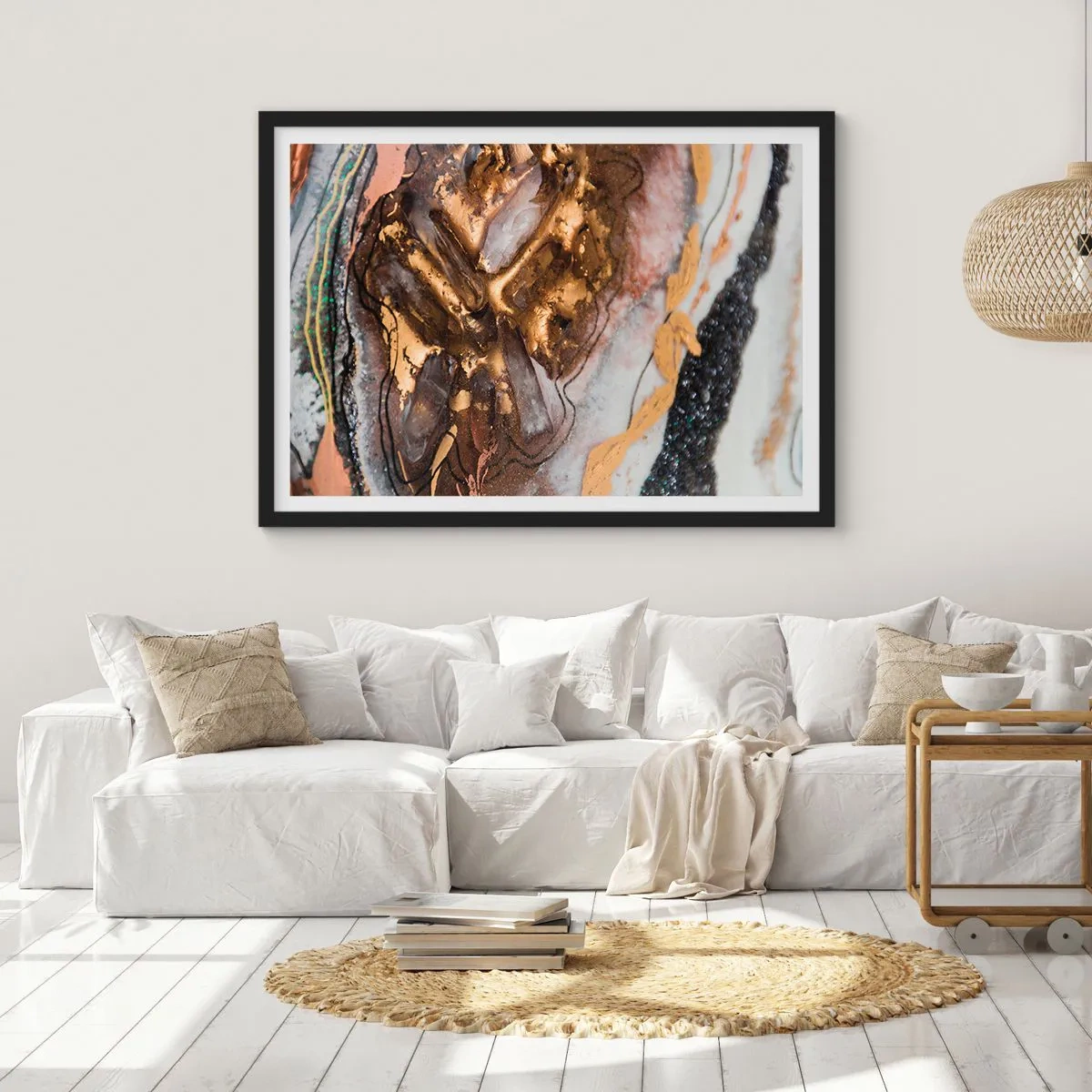 Poster in einem schwarzem Rahmen - Abstrakte Komposition mit Elementen aus Gold und Kristallen - 70x50cm - Das Element der Erde - Moderne Wanddekoration für Wohnzimmer und Schlafzimmer ARTTOR