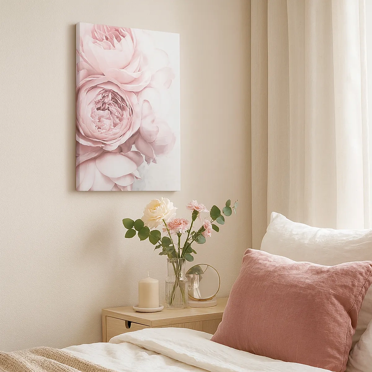 Bild auf Leinwand - Leinwandbild - Rosa Pfingstrosen in sanftem Licht vor hellem Hintergrund - 50x70cm - Für Romantiker - Moderne Wanddekoration für Wohnzimmer und Schlafzimmer ARTTOR