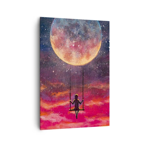Bild auf Leinwand - Leinwandbild - Eine Figur auf einer Schaukel, die vor dem Mond hängt - 70x100cm - Traum - Moderne Wanddekoration für Wohnzimmer und Schlafzimmer ARTTOR