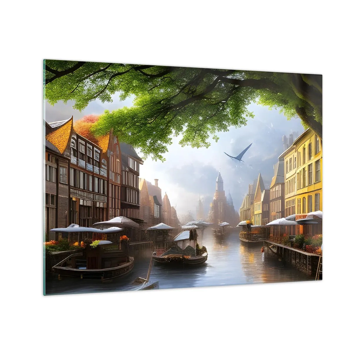 Glasbild - Bild auf glas - Stimmungsvoller Blick auf einen niederländischen Kanal mit Booten und Gebäuden - 70x50cm - Niederländisches Stadtbild - Moderne Wanddekoration für Wohnzimmer und Schlafzimmer ARTTOR