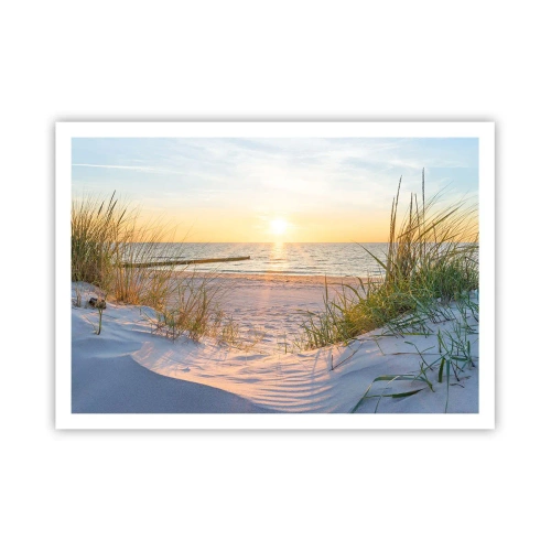 Poster - Ein Sandstrand mit Blick auf den Sonnenuntergang über dem Meer - 100x70cm - Das Rauschen des Meeres, der Gesang der Vögel, ein wilder Strand im Gras ... - Moderne Wanddekoration für Wohnzimmer und Schlafzimmer ARTTOR