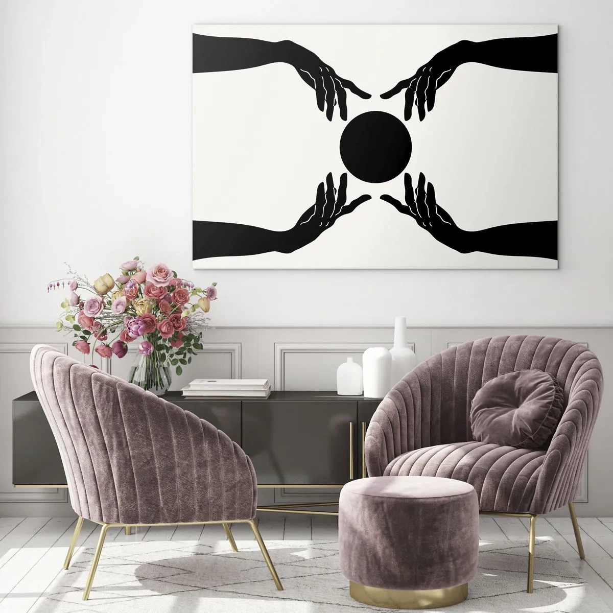 Glasbild - Bild auf glas - Schwarze Hände um einen schwarzen Kreis auf hellem Hintergrund - 100x70cm - Geheimes Zeichen - Moderne Wanddekoration für Wohnzimmer und Schlafzimmer ARTTOR