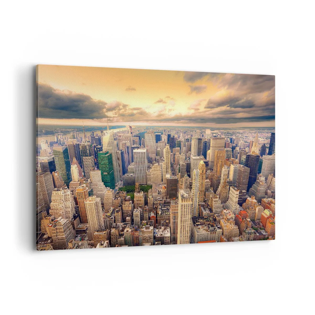 Bild auf Leinwand - Leinwandbild - Stadtpanorama mit Blick auf Wolkenkratzer bei Sonnenuntergang - 120x80cm - Vergoldete Metropole - Moderne Wanddekoration für Wohnzimmer und Schlafzimmer ARTTOR
