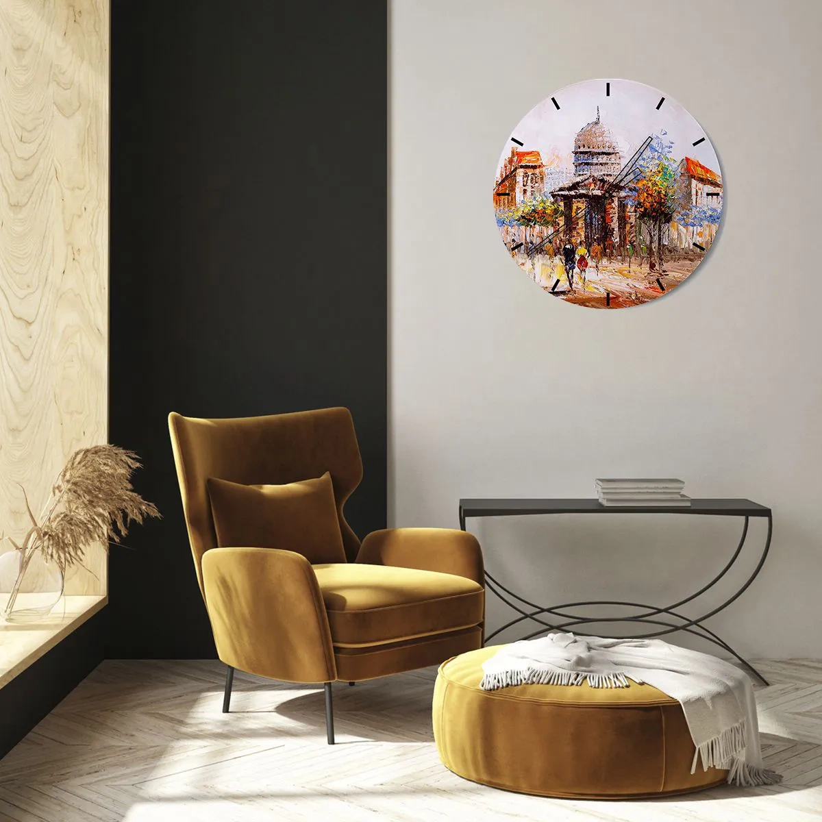 Wanduhr - Glasuhr - Eine malerische Straßenszene mit der Kathedrale im Hintergrund - 30x30cm - Pariser Spaziergang - Moderne Wanddekoration für Wohnzimmer, Küche und Schlafzimmer ARTTOR