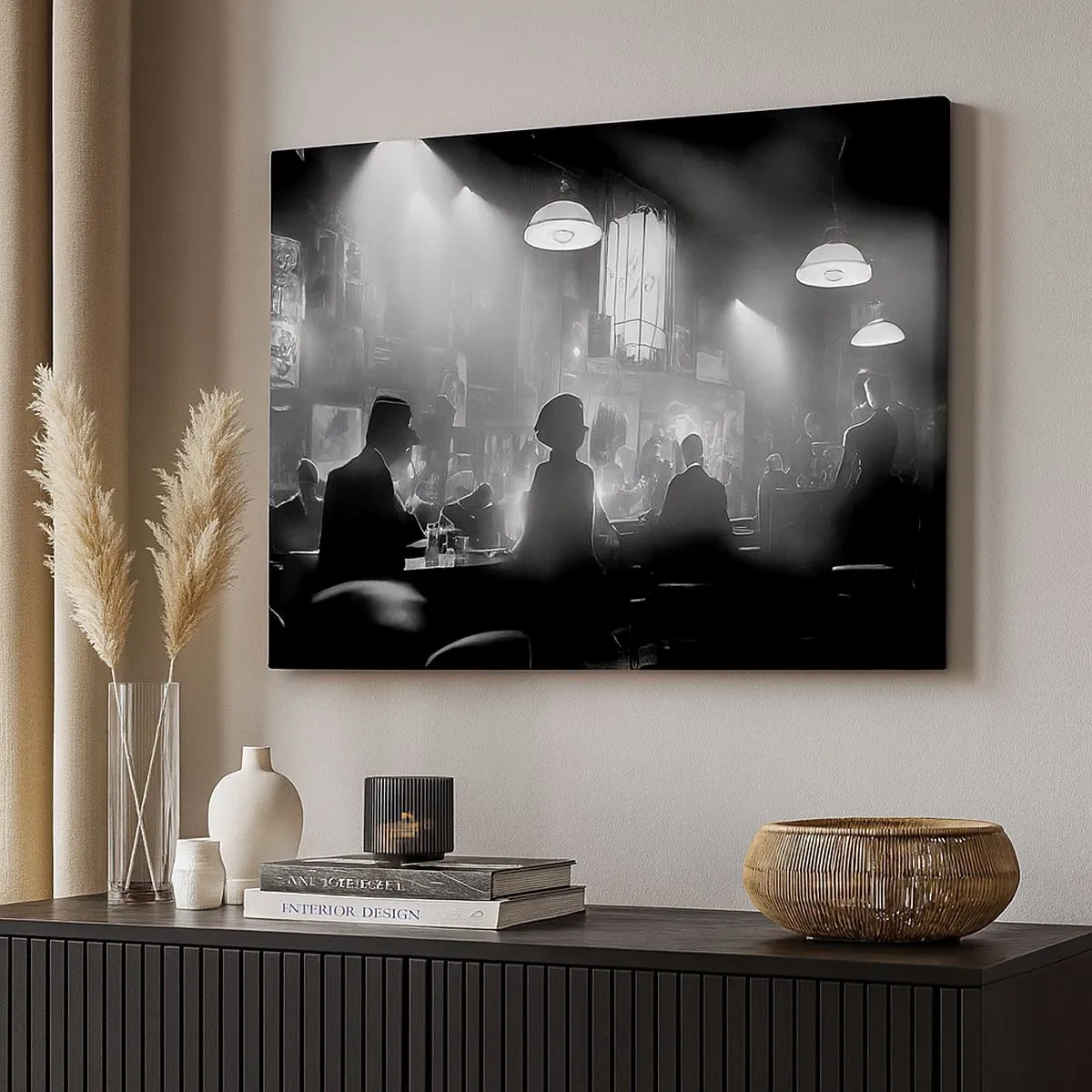 Bild auf Leinwand - Leinwandbild - Schwarz-weiße Jazz-Nachtclubszene - 70x50cm - In Jazz-Atmosphäre - Moderne Wanddekoration für Wohnzimmer und Schlafzimmer ARTTOR