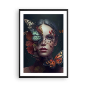 Poster in einem schwarzem Rahmen - Porträt einer Frau mit Schmetterlingen und Blättern - 50x70cm - Wunderbare Metamorphose - Moderne Wanddekoration für Wohnzimmer und Schlafzimmer ARTTOR