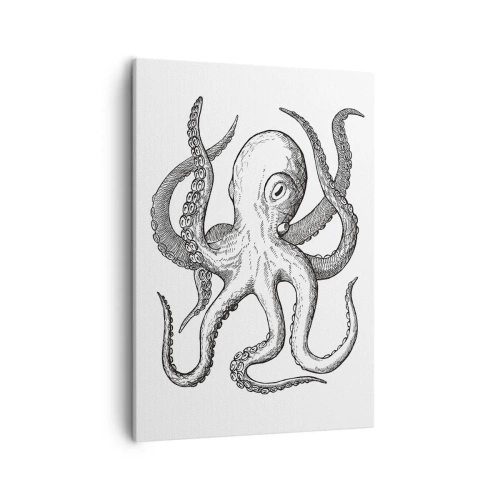 Bild auf Leinwand - Leinwandbild - Schwarz-weiße Zeichnung eines Oktopus auf weißem Hintergrund im Vintage-Stil - 50x70cm - Mit den Wellen tanzen - Moderne Wanddekoration für Wohnzimmer und Schlafzimmer ARTTOR