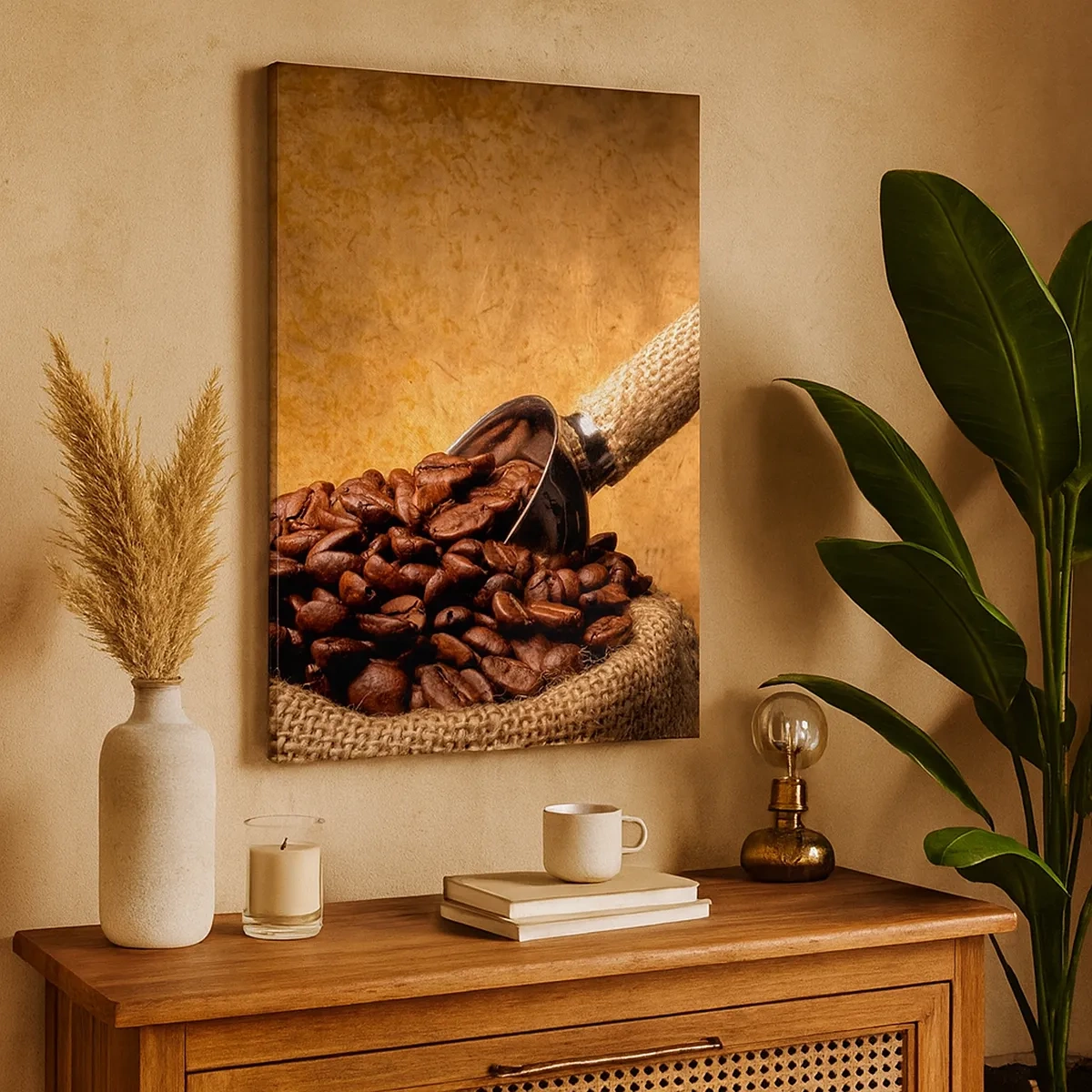 Bild auf Leinwand - Leinwandbild - Kaffeebohnen in einem Jutebeutel mit einem Metalllöffel - 50x70cm - An der Quelle des Geschmacks - Moderne Wanddekoration für Wohnzimmer und Schlafzimmer ARTTOR