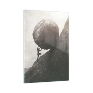 Glasbild - Bild auf glas - Ein Mann klettert einen riesigen Felsbrocken einen Hügel hinauf - 80x120cm - Ich glaube wider alle Hoffnung - Moderne Wanddekoration für Wohnzimmer und Schlafzimmer ARTTOR
