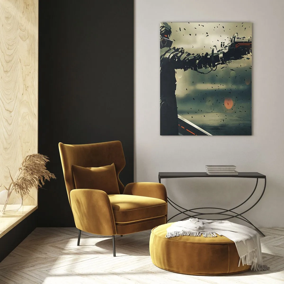 Glasbild - Bild auf glas - Ein Cyberkrieger im futuristischen Stil mit Energiewaffen - 50x70cm - Tödliche Waffe - Dein ganz eigener Terminator - Moderne Wanddekoration für Wohnzimmer und Schlafzimmer ARTTOR