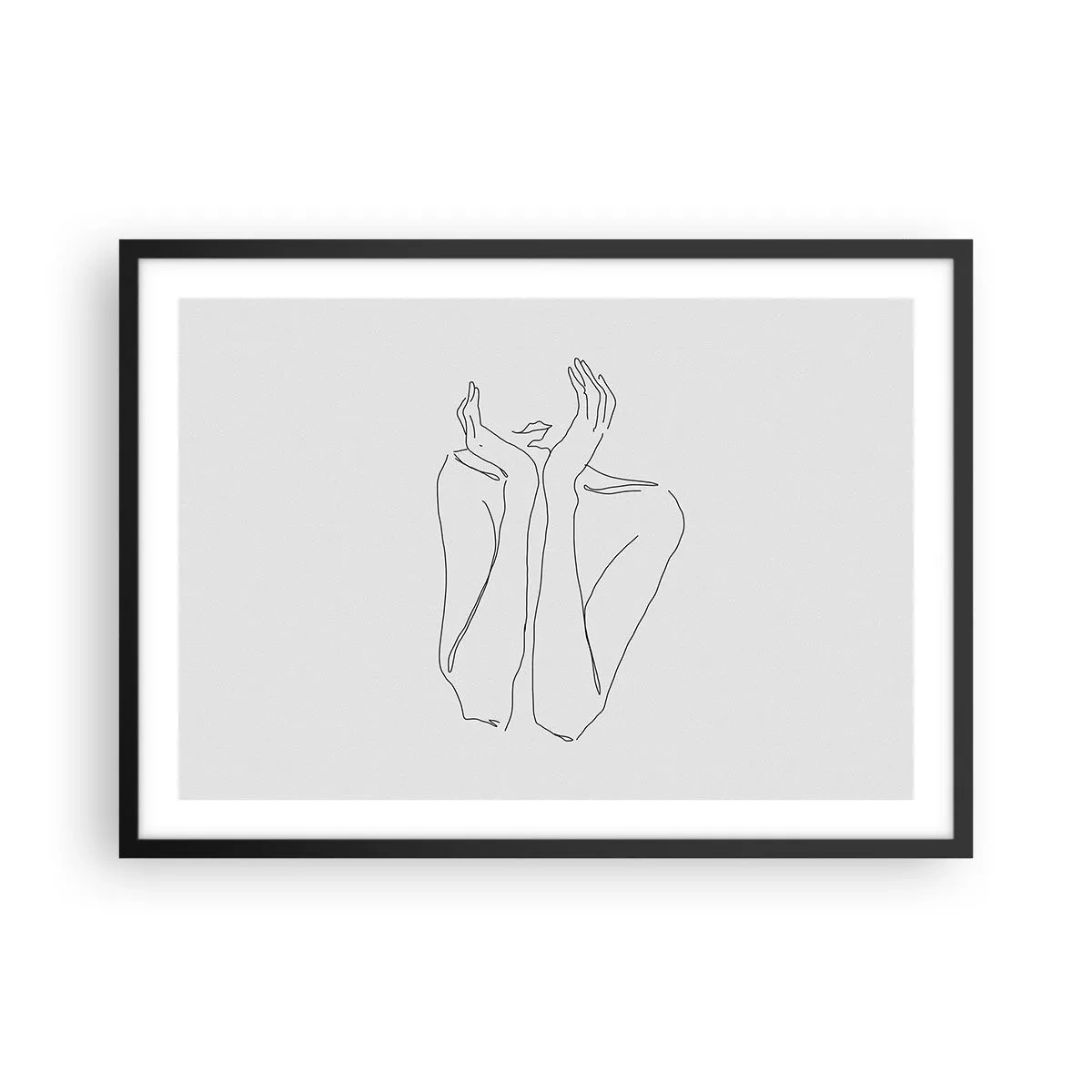 Poster in einem schwarzem Rahmen - Minimalistische Strichzeichnung von Gesicht und Händen - 70x50cm - Wovon Mädchen träumen - Moderne Wanddekoration für Wohnzimmer und Schlafzimmer ARTTOR