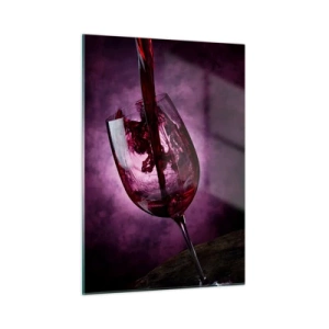 Glasbild - Bild auf glas - Rotwein wird vor violettem Hintergrund in ein Glas gegossen - 50x70cm - Scharlachrot? Karminrot? Nein, Rubin. - Moderne Wanddekoration für Wohnzimmer und Schlafzimmer ARTTOR