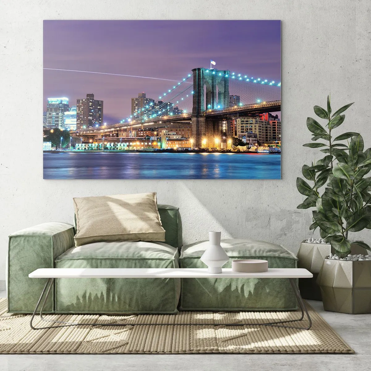 Glasbild - Bild auf glas - Brooklyn Bridge bei Nacht mit den Türmen und der beleuchteten Stadt - 120x80cm - Seit vielen Jahren die Brooklyn Bridge - Moderne Wanddekoration für Wohnzimmer und Schlafzimmer ARTTOR