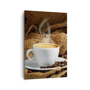 Bild auf Leinwand - Leinwandbild - Eine Tasse Kaffee, umgeben von einer Tüte Kaffeebohnen - 70x100cm - Der Geruch von Mokka und die Dicke der Honigflüssigkeit - Moderne Wanddekoration für Wohnzimmer und Schlafzimmer ARTTOR