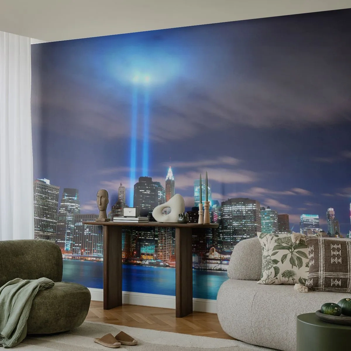 Fototapete Premium Canvas - Erreiche den Himmel mit dem Licht - Stadt, New York, Die Architektur - 450x315 cm