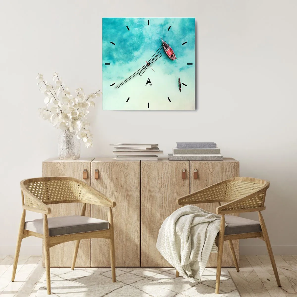 Wanduhr - Glasuhr - Boote auf türkisfarbenem Wasser aus der Vogelperspektive - 30x30cm - Denn an den Stränden von Sansibar, wenn der Wasserüberschuss ... - Moderne Wanddekoration für Wohnzimmer und Schlafzimmer ARTTOR
