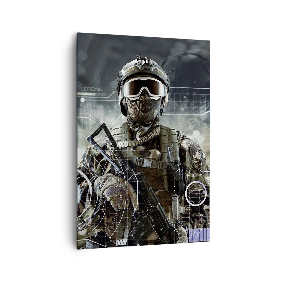 Bild auf Leinwand - Leinwandbild - Ein Soldat in einem futuristischen Helm mit einer Waffe vor dem Hintergrund der Technologie. - 70x100cm - Macht zu Macht - Moderne Wanddekoration für Wohnzimmer und Schlafzimmer ARTTOR