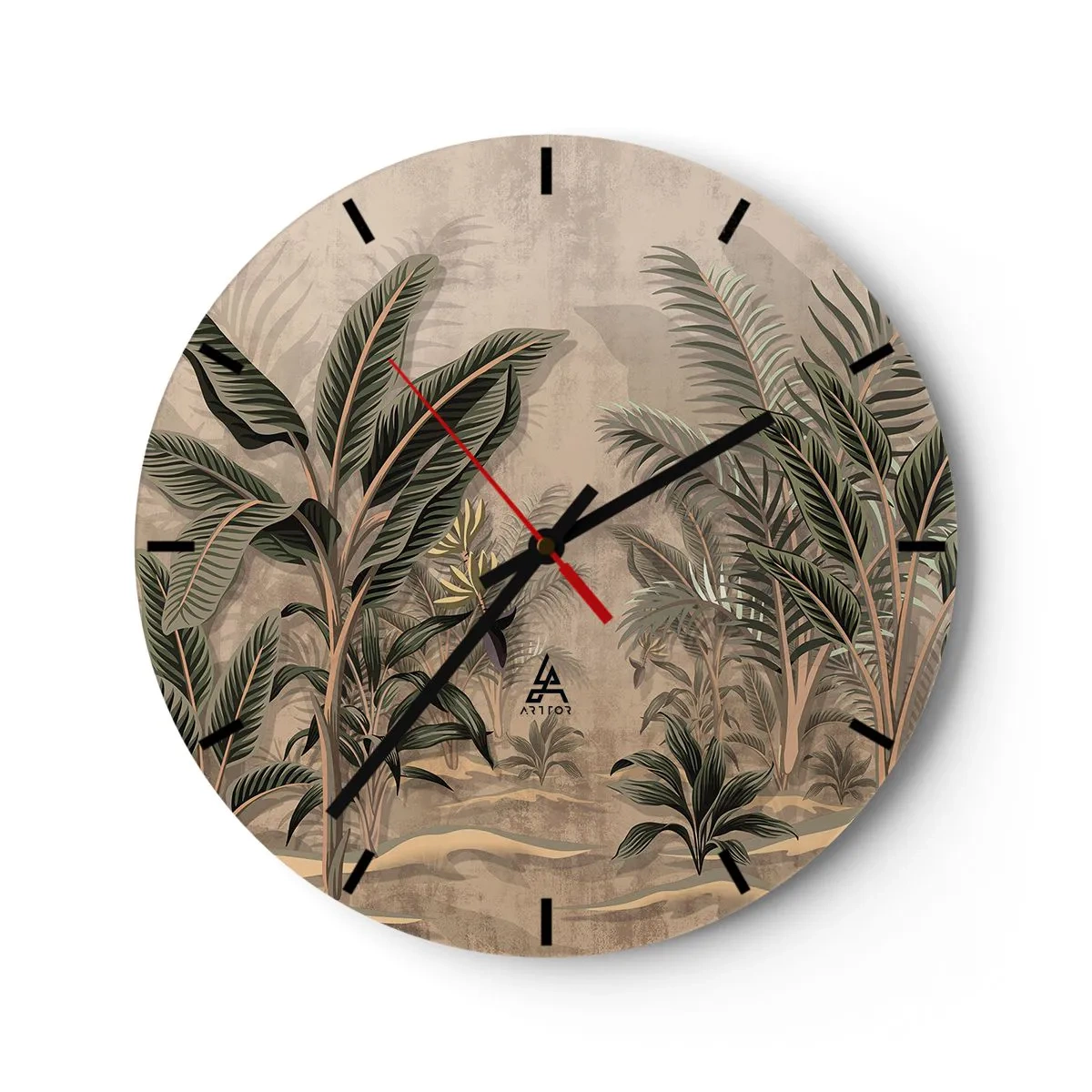 Wanduhr - Glasuhr - Tropische Vegetation im Stil einer Gravur auf beigem Hintergrund - 30x30cm - Eine Gravur im Kolonialstil - Moderne Wanddekoration für Wohnzimmer, Küche und Schlafzimmer ARTTOR